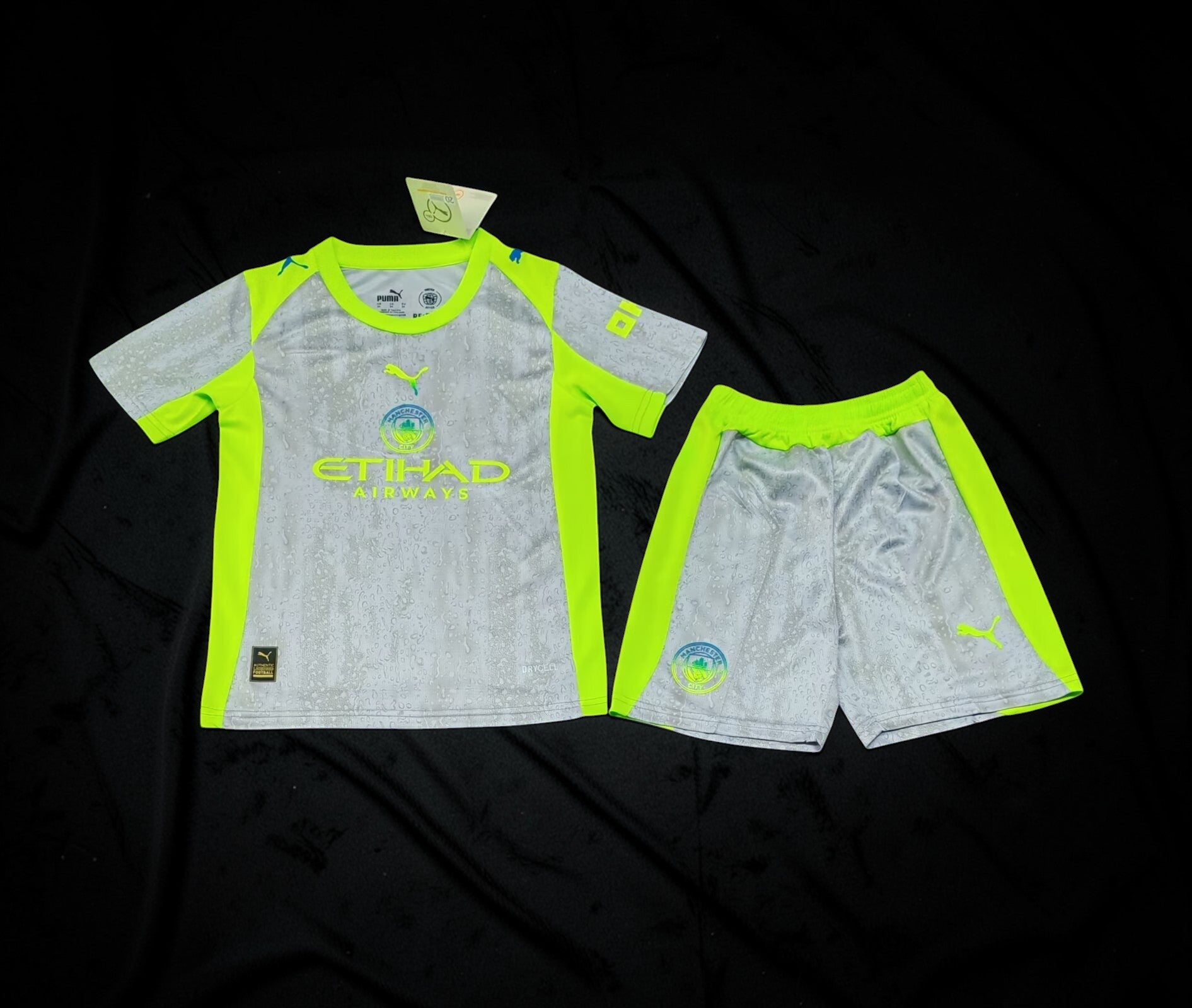 Manchester City 2025/26 Third Kit Kids Set – Grey/Neon Yellow